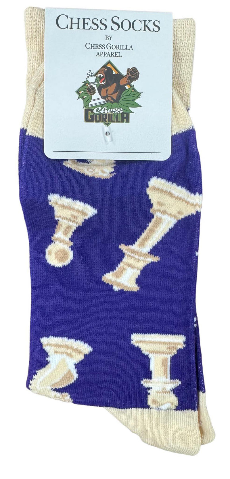 Chess Socks - Adult Size 6-12 - Cream Pieces on Purple Background