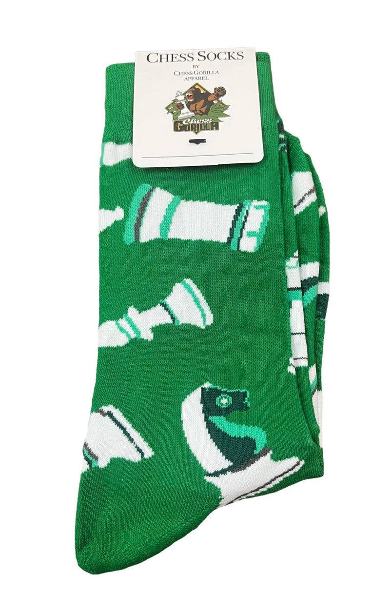 Chess Socks - Adult Size 6-12 Chess Pieces Green & White