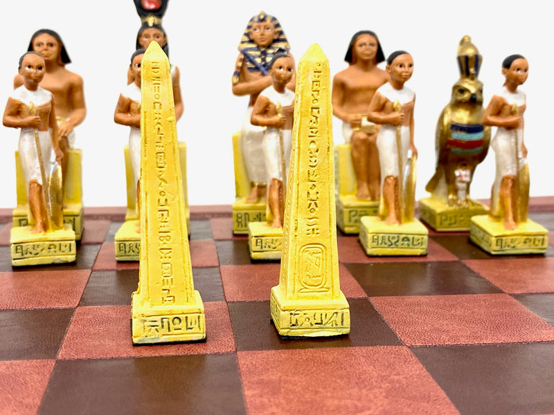 Egyptian and Roman Resin Themed Chess Pieces with Leather Board