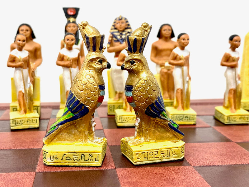 Egyptian and Roman Resin Themed Chess Pieces with Leather Board