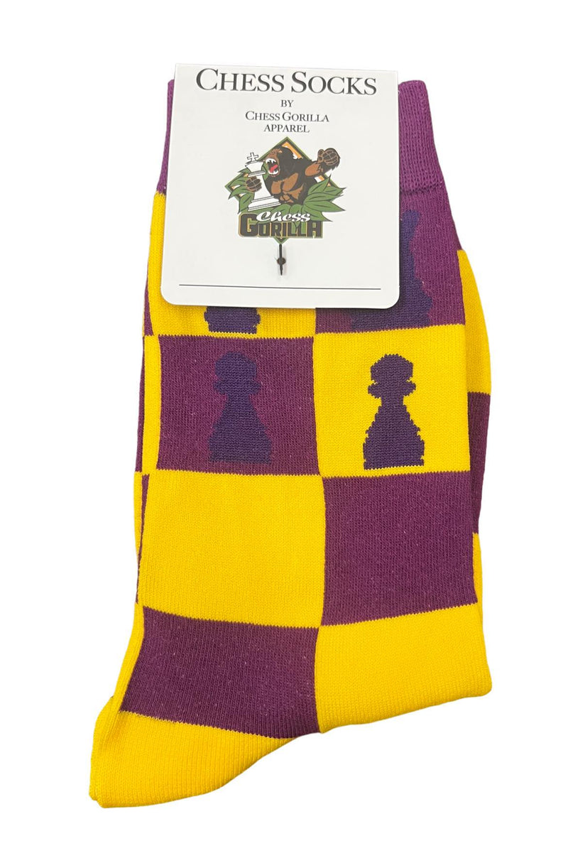 Chess Socks - Women's Size 6-11 Purple Yellow Chess Pieces