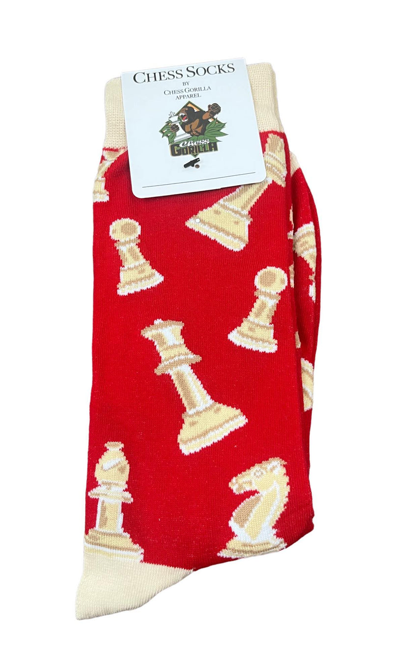 Chess Socks - Adult Size 6-12 Chess Pieces Red & Cream