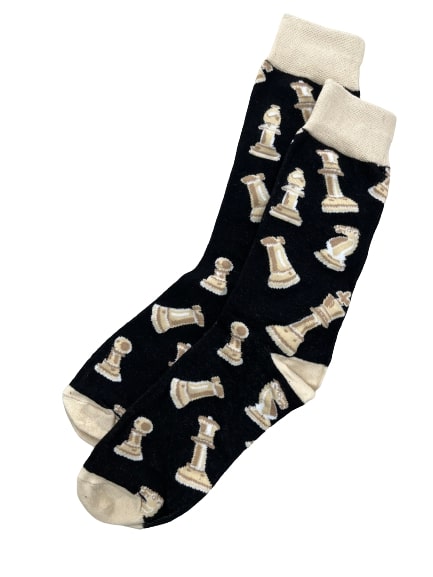 Chess Socks - Adult Size 6-12 - Cream Pieces on Black Background